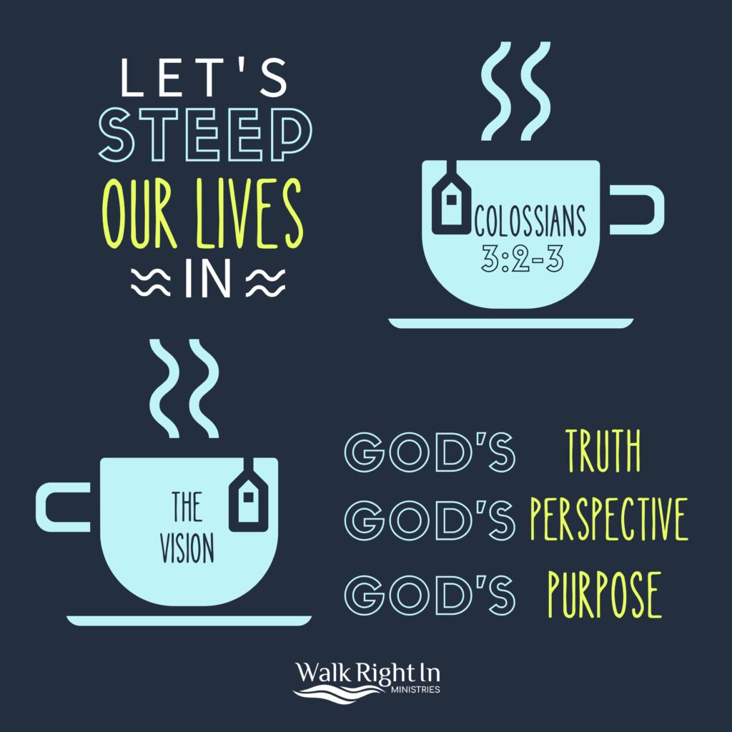Graphic cups syaing Let's Steep Our Lives in Gods Truth, Perspective, Purpose
